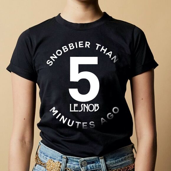 𝅺Lesnob Snobbier Than 5 Minutes Ago Black White Tee Nwot - Picture 1 of 6